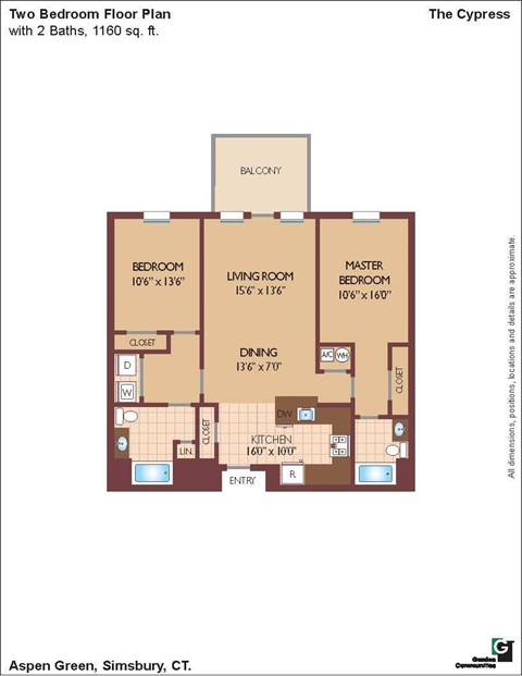 Floor plan for 2 beds, 2 baths, 1160 sqft